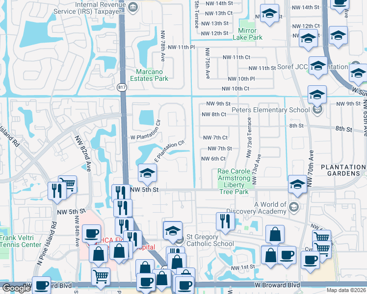 map of restaurants, bars, coffee shops, grocery stores, and more near 720 East Plantation Circle in Plantation