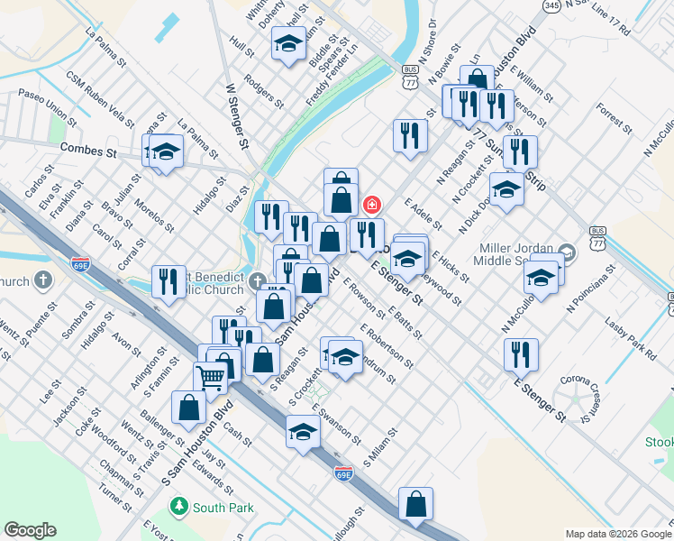 map of restaurants, bars, coffee shops, grocery stores, and more near 107 South Sam Houston Boulevard in San Benito