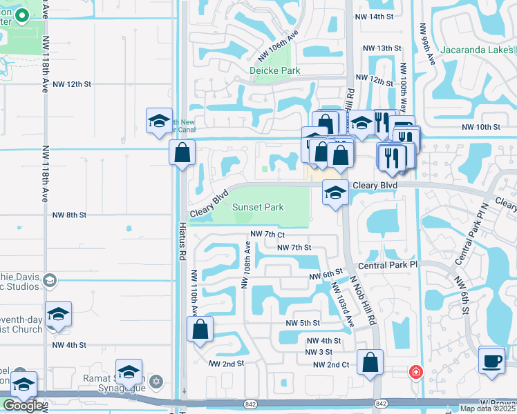 map of restaurants, bars, coffee shops, grocery stores, and more near 10600 Cleary Boulevard in Plantation