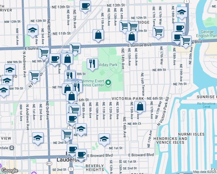 map of restaurants, bars, coffee shops, grocery stores, and more near 701 Northeast 12th Avenue in Fort Lauderdale
