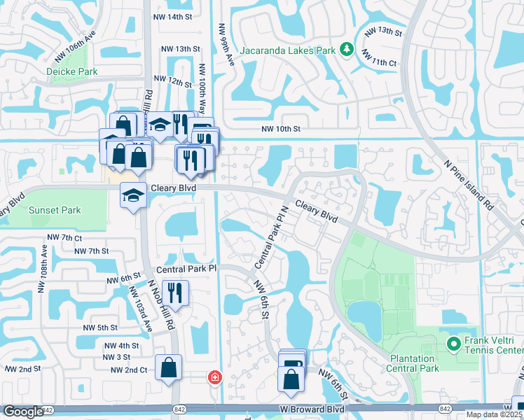 map of restaurants, bars, coffee shops, grocery stores, and more near 703 Northwest 98th Circle in Plantation