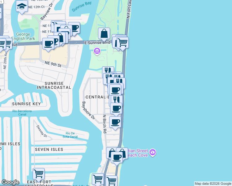 map of restaurants, bars, coffee shops, grocery stores, and more near 600 Breakers Avenue in Fort Lauderdale