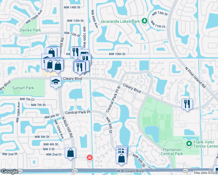 map of restaurants, bars, coffee shops, grocery stores, and more near 703 Northwest 98th Circle in Plantation
