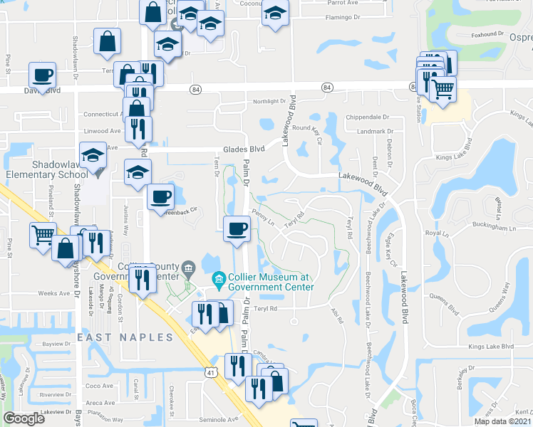 map of restaurants, bars, coffee shops, grocery stores, and more near 119 Penny Lane in Naples