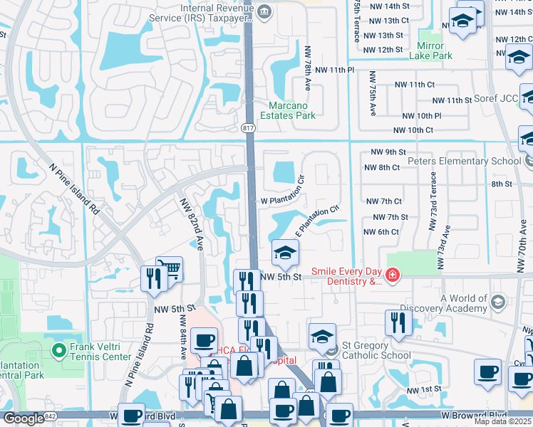 map of restaurants, bars, coffee shops, grocery stores, and more near 652 North University Drive in Plantation