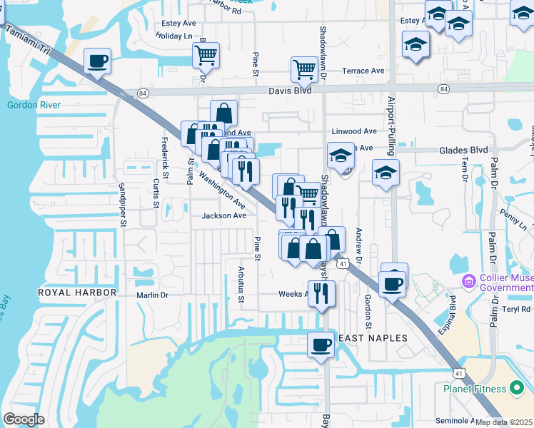 map of restaurants, bars, coffee shops, grocery stores, and more near 2540 Tamiami Trail East in Naples
