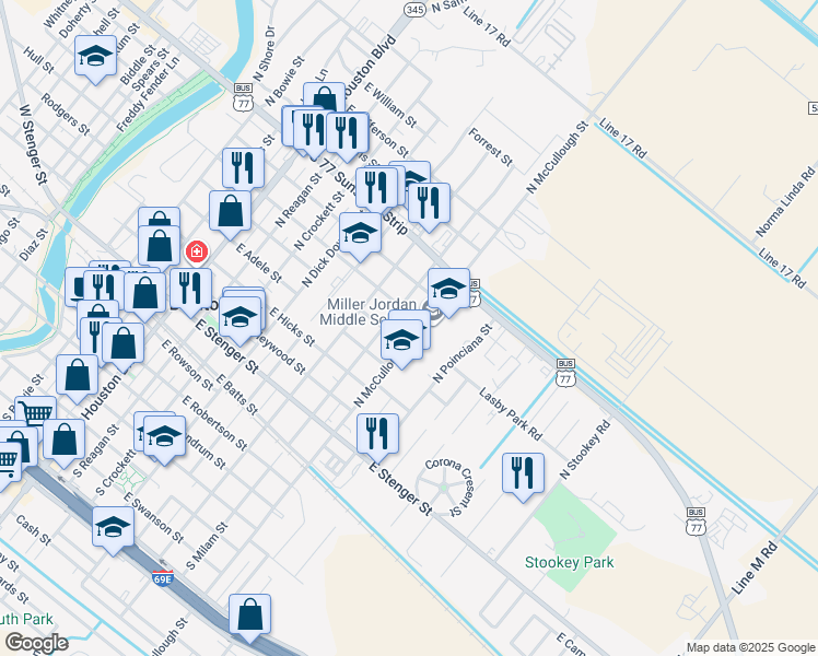 map of restaurants, bars, coffee shops, grocery stores, and more near 700 North McCullough Street in San Benito