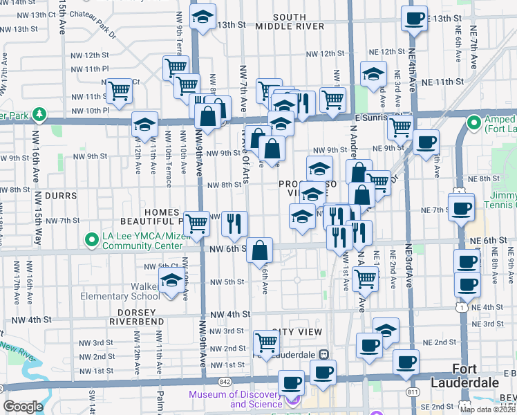 map of restaurants, bars, coffee shops, grocery stores, and more near 702 Northwest 6th Avenue in Fort Lauderdale