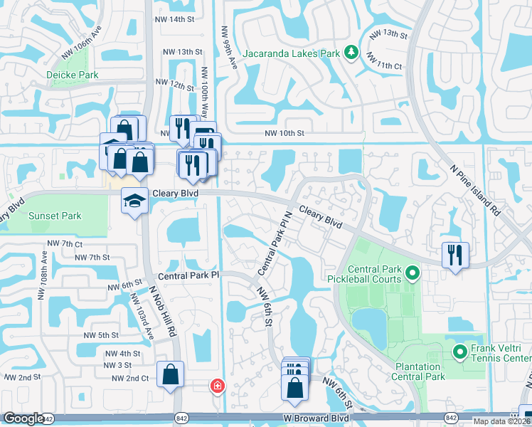 map of restaurants, bars, coffee shops, grocery stores, and more near 703 Northwest 98th Circle in Plantation
