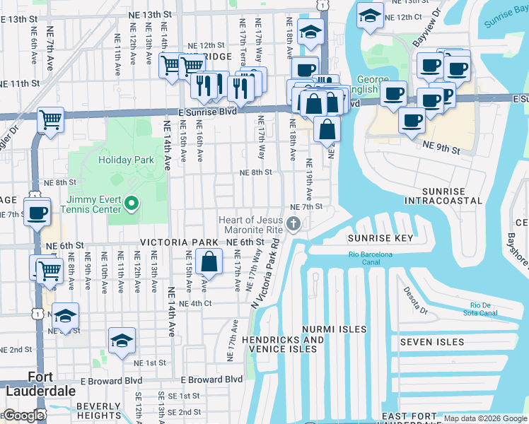 map of restaurants, bars, coffee shops, grocery stores, and more near 635 Northeast 17th Way in Fort Lauderdale