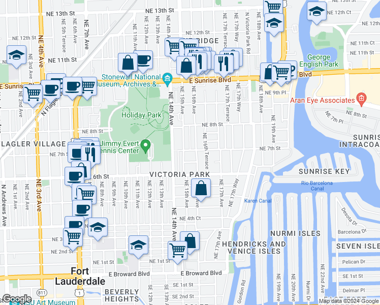 map of restaurants, bars, coffee shops, grocery stores, and more near 640 Northeast 15th Avenue in Fort Lauderdale