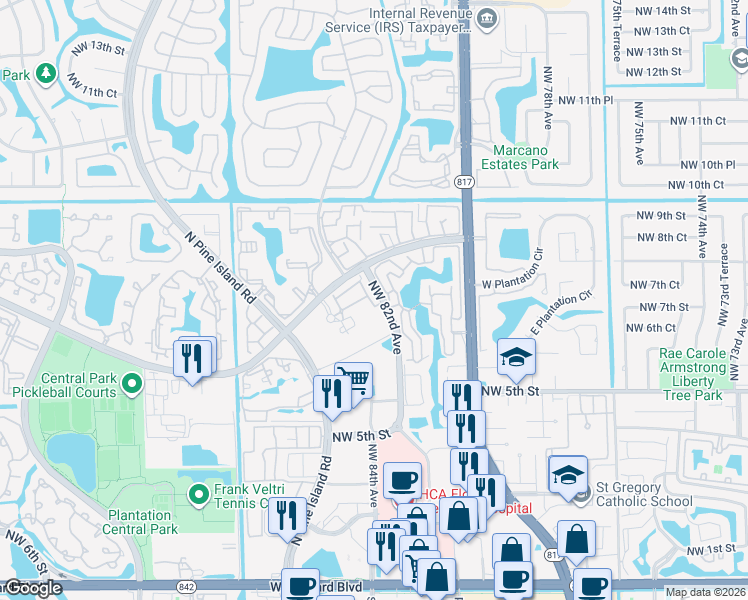 map of restaurants, bars, coffee shops, grocery stores, and more near Northwest 82nd Avenue in Plantation