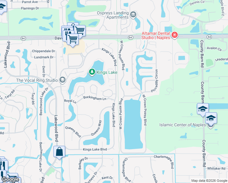 map of restaurants, bars, coffee shops, grocery stores, and more near 2562 Kings Lake Boulevard in Naples