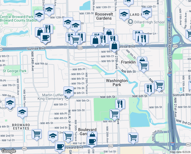 map of restaurants, bars, coffee shops, grocery stores, and more near 2852 Northwest 8th Street in Fort Lauderdale