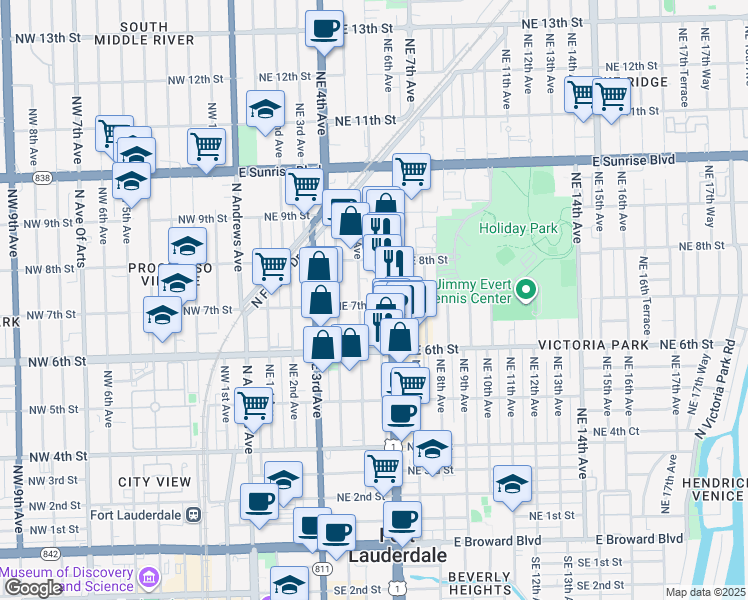 map of restaurants, bars, coffee shops, grocery stores, and more near 651 Northeast 5th Avenue in Fort Lauderdale
