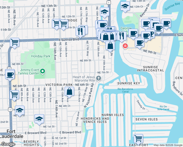 map of restaurants, bars, coffee shops, grocery stores, and more near 638 North Victoria Park Road in Fort Lauderdale