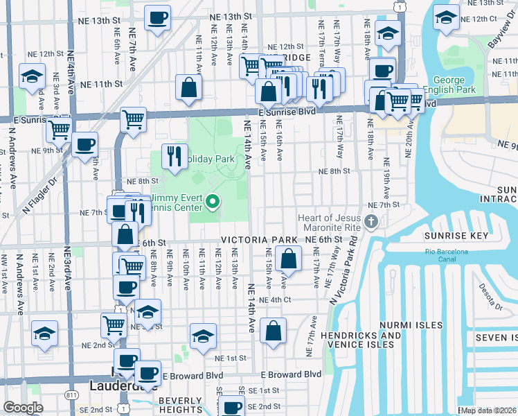 map of restaurants, bars, coffee shops, grocery stores, and more near 640 Northeast 15th Avenue in Fort Lauderdale