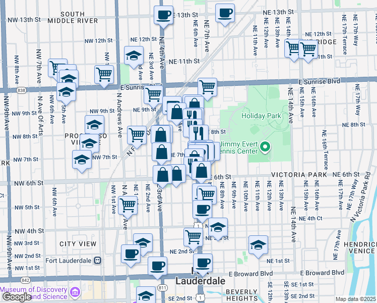 map of restaurants, bars, coffee shops, grocery stores, and more near 651 Northeast 5th Avenue in Fort Lauderdale