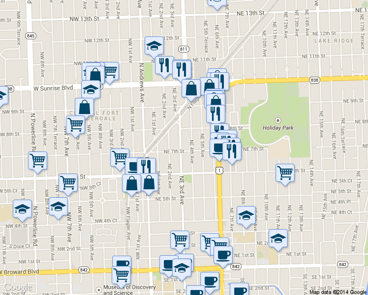 map of restaurants, bars, coffee shops, grocery stores, and more near 648 Northeast 3rd Avenue in Fort Lauderdale