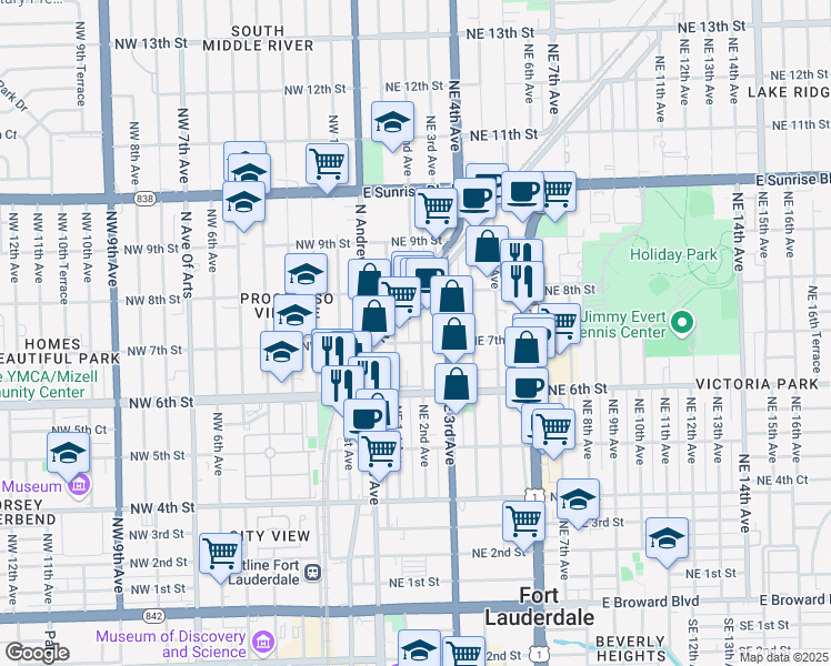 map of restaurants, bars, coffee shops, grocery stores, and more near 150 Northeast 7th Street in Fort Lauderdale