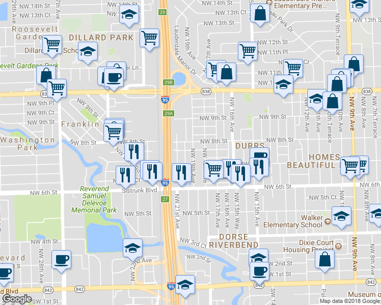 map of restaurants, bars, coffee shops, grocery stores, and more near 715 Northwest 19th Avenue in Fort Lauderdale