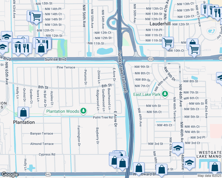 map of restaurants, bars, coffee shops, grocery stores, and more near 721 East Acre Drive in Plantation