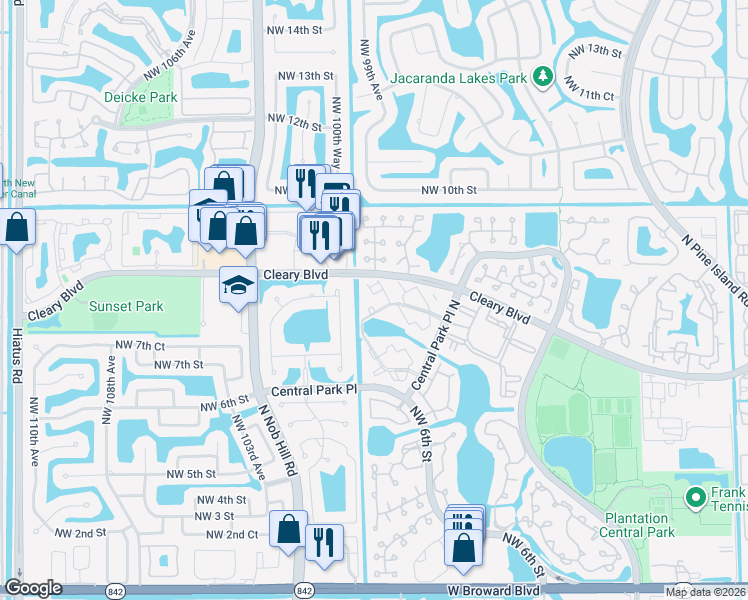 map of restaurants, bars, coffee shops, grocery stores, and more near 50 Northwest 7th Street in Plantation