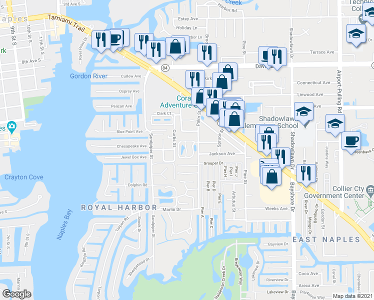 map of restaurants, bars, coffee shops, grocery stores, and more near 29 Kings Road in Naples