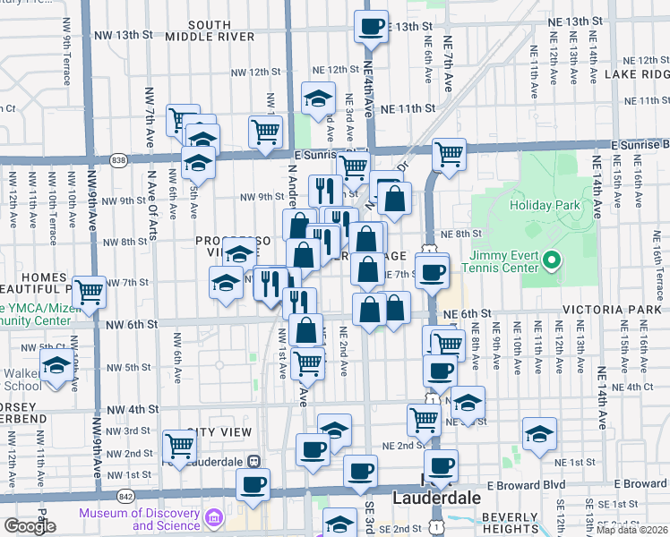 map of restaurants, bars, coffee shops, grocery stores, and more near 150 Northeast 7th Street in Fort Lauderdale