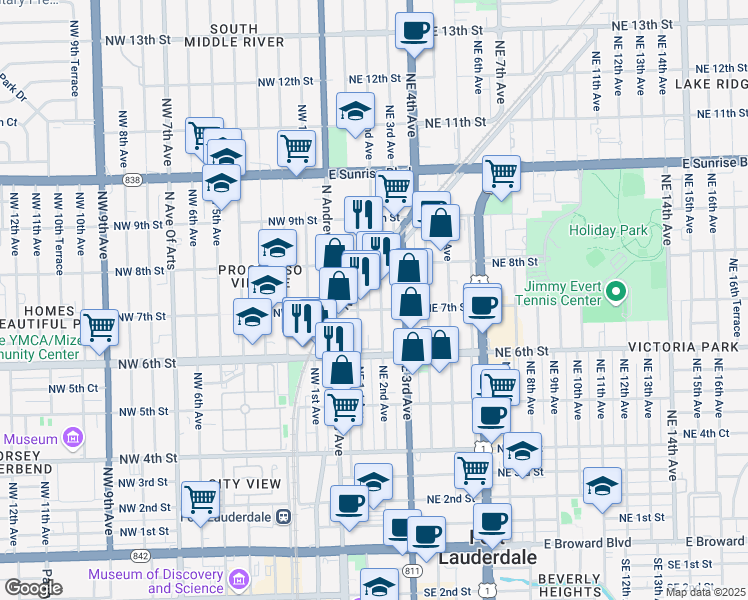 map of restaurants, bars, coffee shops, grocery stores, and more near 711 Northeast 2nd Avenue in Fort Lauderdale