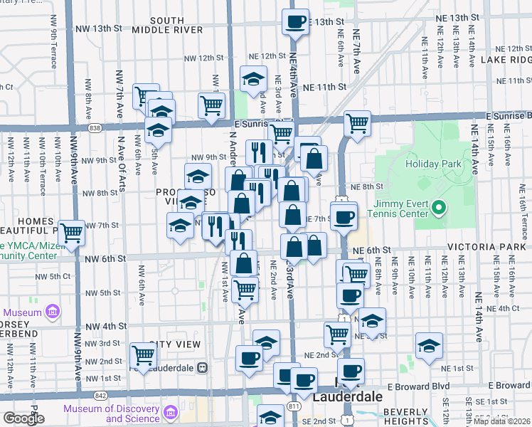map of restaurants, bars, coffee shops, grocery stores, and more near 711 Northeast 2nd Avenue in Fort Lauderdale