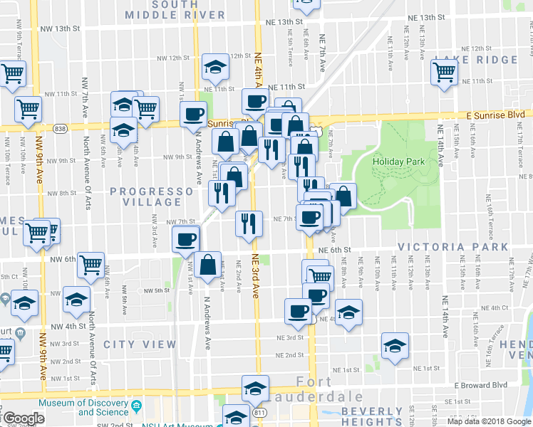 map of restaurants, bars, coffee shops, grocery stores, and more near 707 Northeast 4th Avenue in Fort Lauderdale