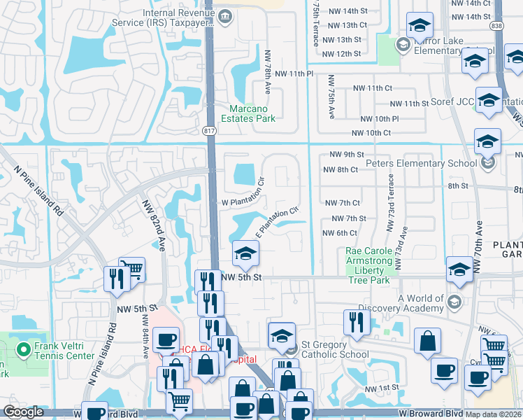 map of restaurants, bars, coffee shops, grocery stores, and more near 670 East Plantation Circle in Plantation