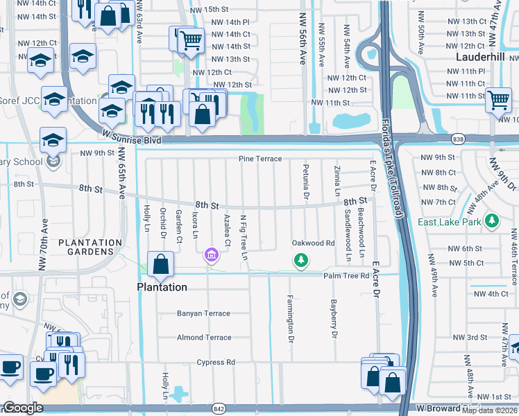 map of restaurants, bars, coffee shops, grocery stores, and more near 761 Oleander Drive in Plantation