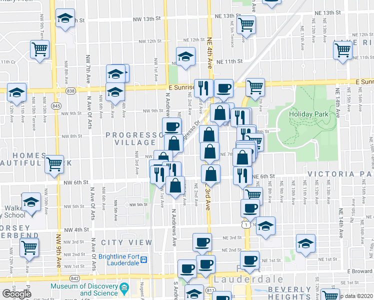 map of restaurants, bars, coffee shops, grocery stores, and more near 150 Northeast 7th Street in Fort Lauderdale
