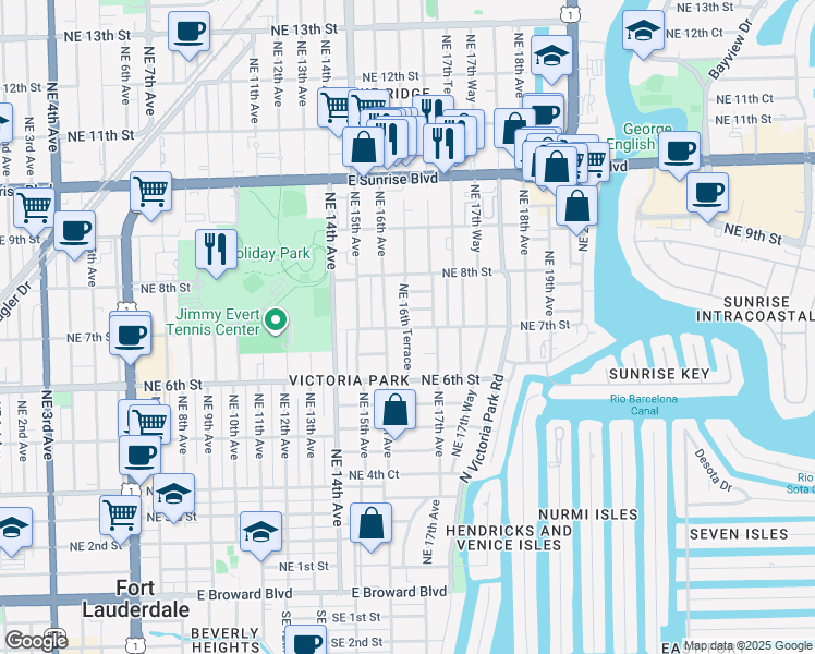 map of restaurants, bars, coffee shops, grocery stores, and more near 634 Northeast 16th Avenue in Fort Lauderdale