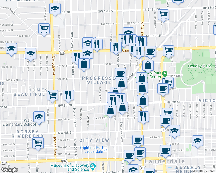 map of restaurants, bars, coffee shops, grocery stores, and more near 701 Northwest 1st Avenue in Fort Lauderdale
