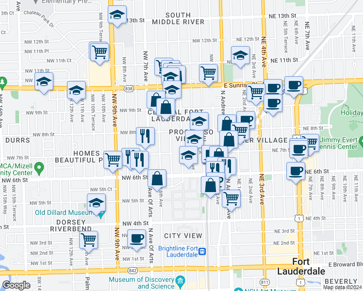 map of restaurants, bars, coffee shops, grocery stores, and more near 405 Northwest 7th Street in Fort Lauderdale