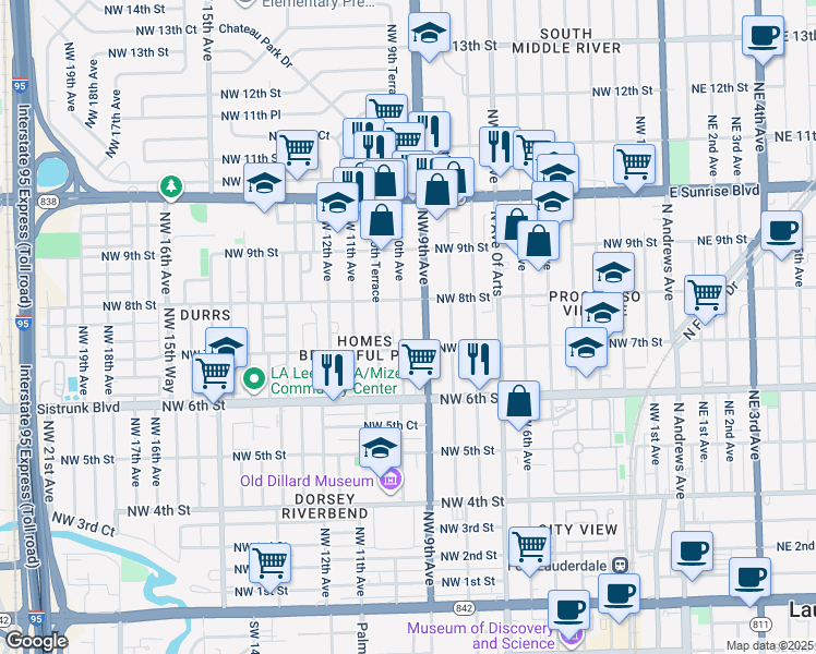 map of restaurants, bars, coffee shops, grocery stores, and more near 705 Northwest 9th Avenue in Fort Lauderdale