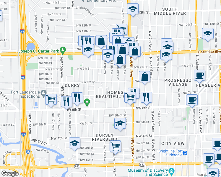 map of restaurants, bars, coffee shops, grocery stores, and more near 1101 Northwest 7th Street in Fort Lauderdale