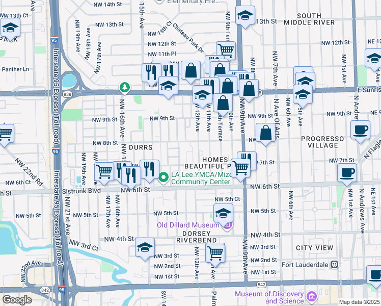map of restaurants, bars, coffee shops, grocery stores, and more near 713 Northwest 13th Avenue in Fort Lauderdale