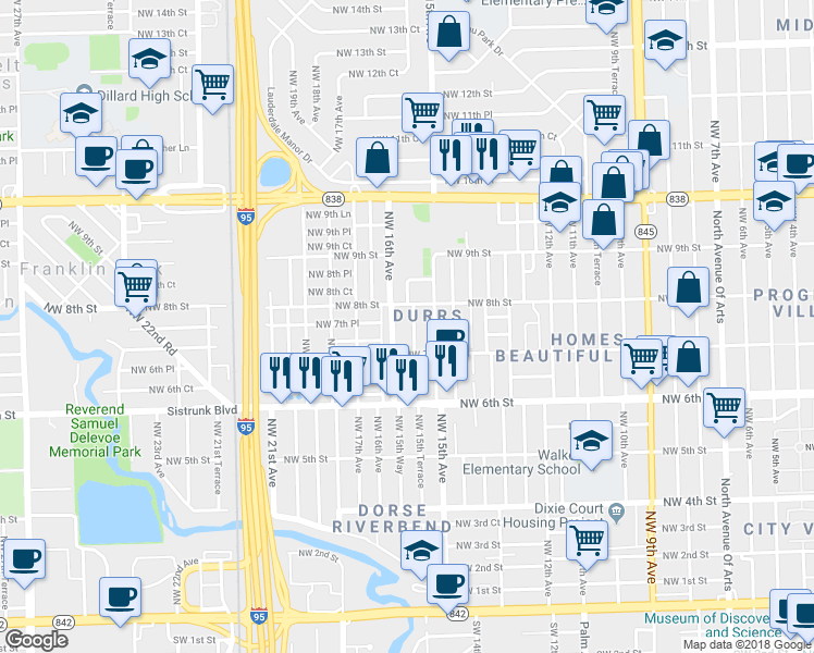 map of restaurants, bars, coffee shops, grocery stores, and more near 709 Northwest 15th Terrace in Fort Lauderdale