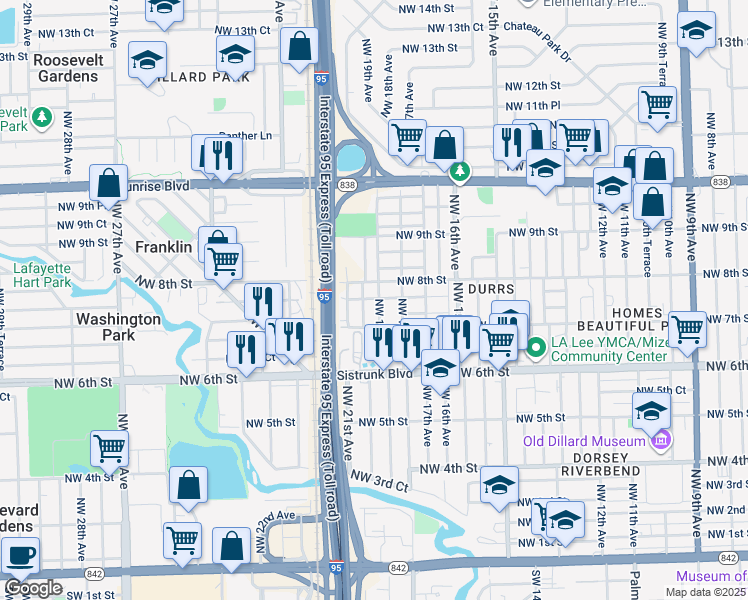 map of restaurants, bars, coffee shops, grocery stores, and more near 715 Northwest 19th Avenue in Fort Lauderdale