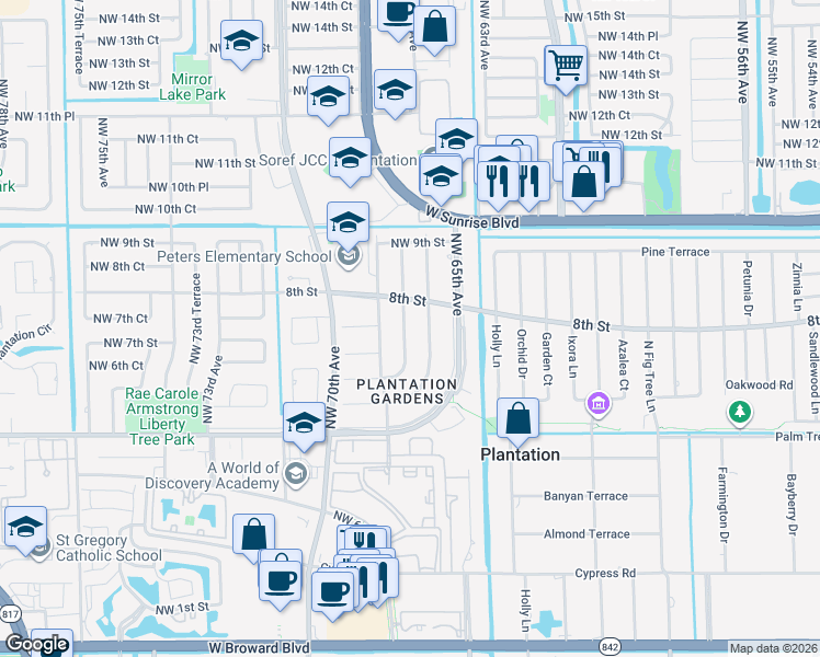 map of restaurants, bars, coffee shops, grocery stores, and more near 681 Northwest 67th Avenue in Plantation