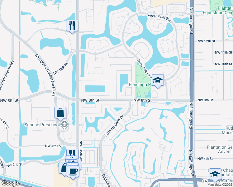 map of restaurants, bars, coffee shops, grocery stores, and more near 801 Northwest 132nd Avenue in Sunrise