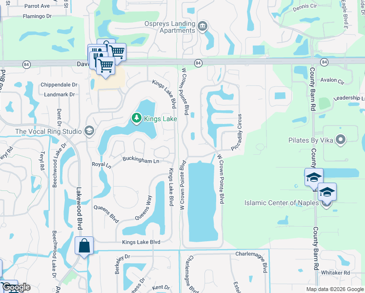 map of restaurants, bars, coffee shops, grocery stores, and more near 2562 Kings Lake Boulevard in Naples