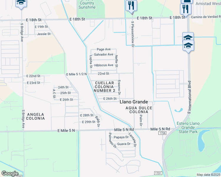 map of restaurants, bars, coffee shops, grocery stores, and more near 2113 25th Street in Weslaco