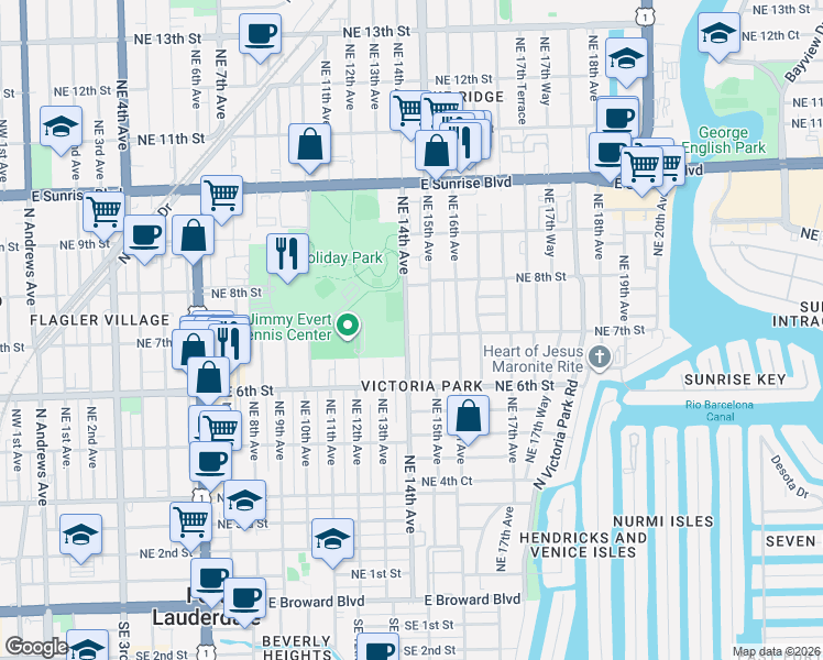 map of restaurants, bars, coffee shops, grocery stores, and more near 630 Northeast 13th Avenue in Fort Lauderdale