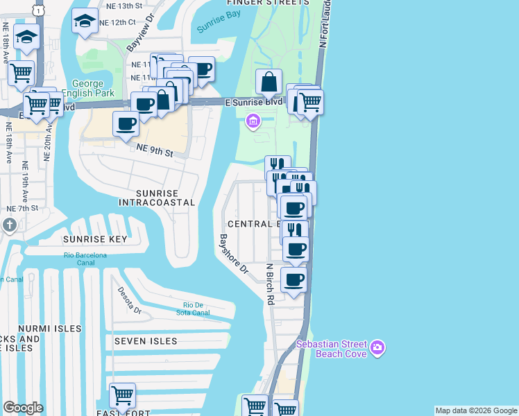 map of restaurants, bars, coffee shops, grocery stores, and more near 29 Terramar Street in Fort Lauderdale