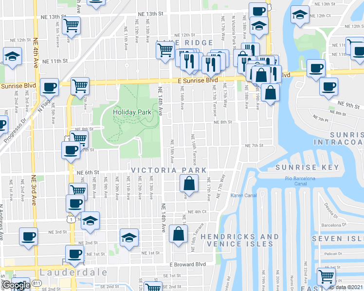 map of restaurants, bars, coffee shops, grocery stores, and more near 634 Northeast 16th Avenue in Fort Lauderdale